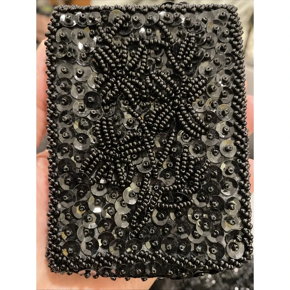 Vintage Black Beaded Sequin Card Case Cigarette Holder Evening Mini Bag Floral